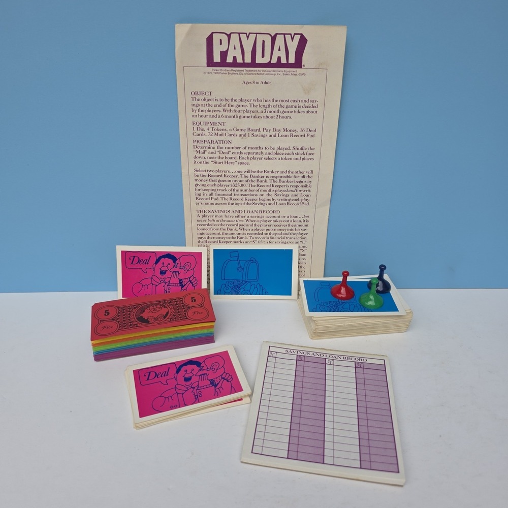 Payday Board Game 1975 Original Replacement Pieces Cash Cards Notepad